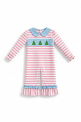Pink christmas tree smocked stripe ruffle romper