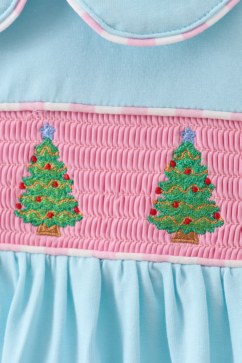 Blue christmas tree smocked stripe pants set