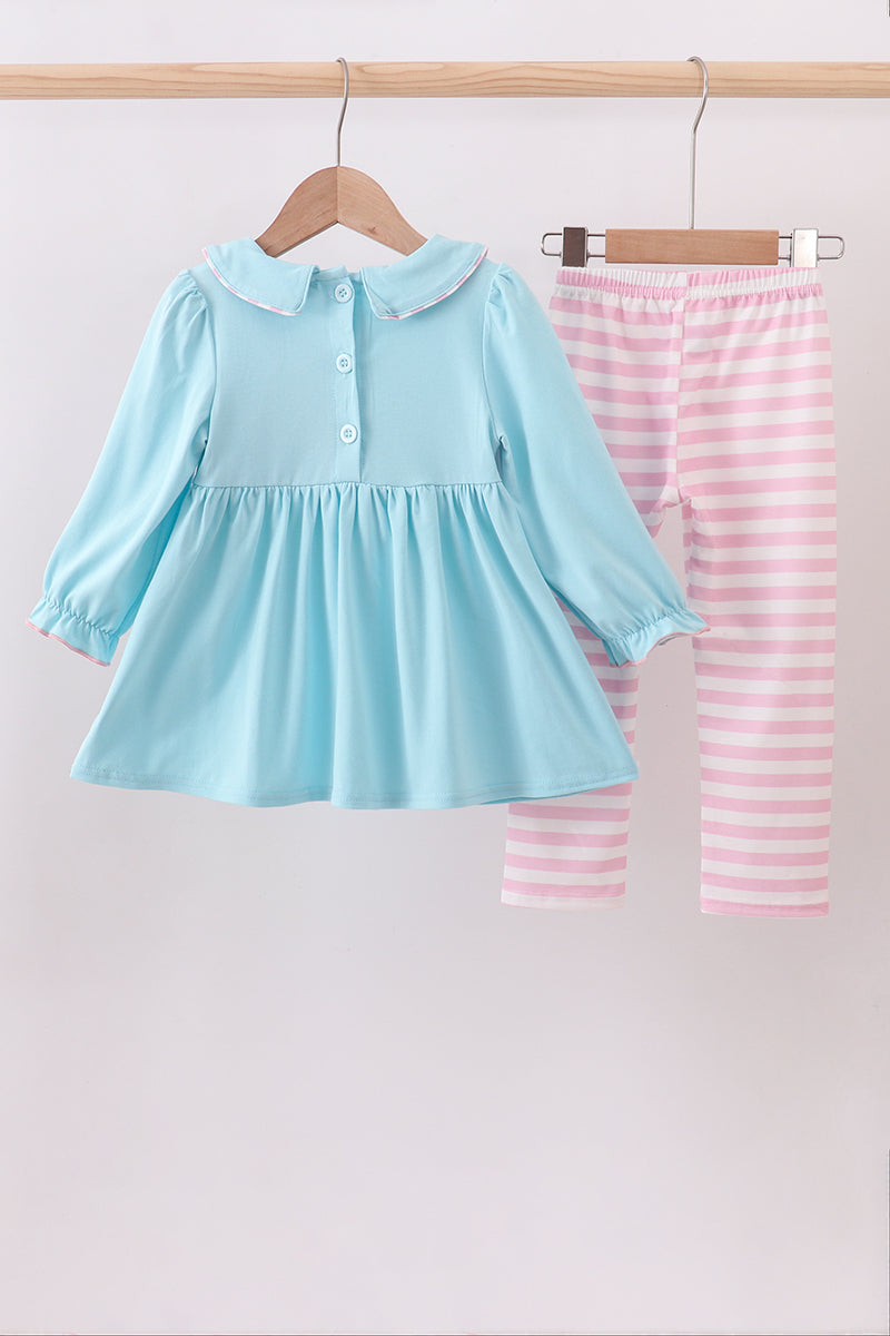 Blue christmas tree smocked stripe pants set