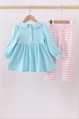Blue christmas tree smocked stripe pants set