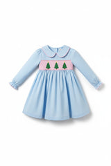 Blue christmas tree smocked dress