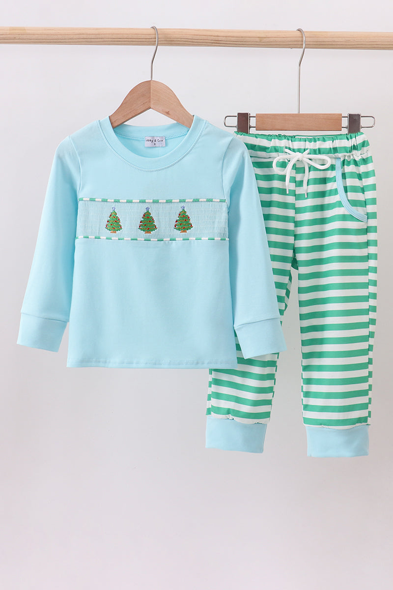 Blue christmas tree smocked stripe pants set