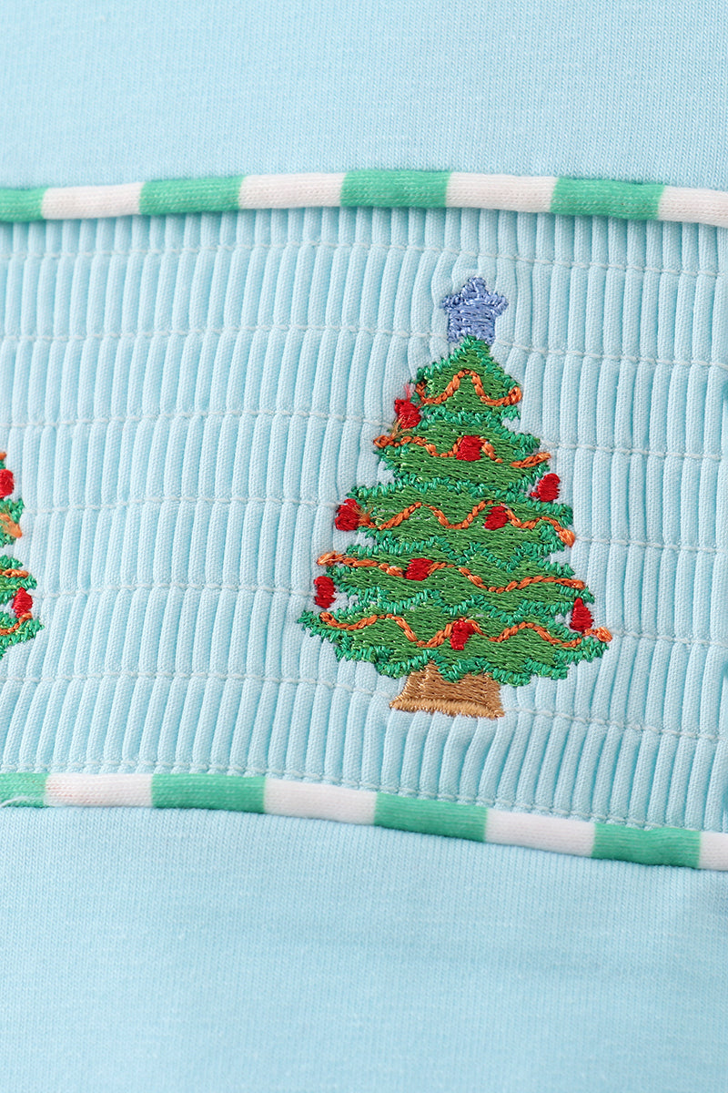 Blue christmas tree smocked stripe pants set