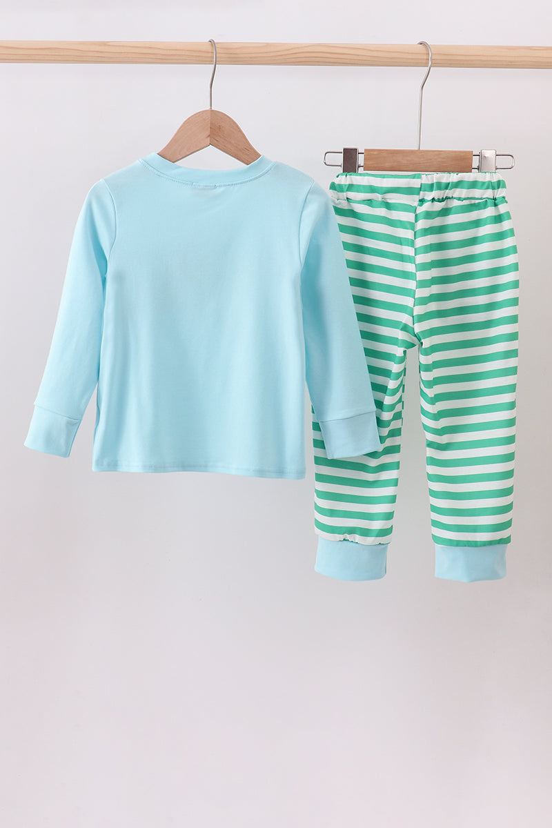 Blue christmas tree smocked stripe pants set