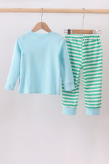 Blue christmas tree smocked stripe pants set