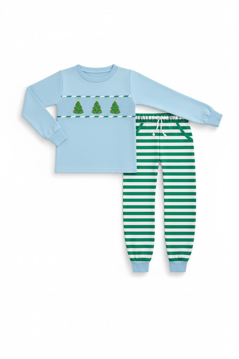 Blue christmas tree smocked stripe pants set
