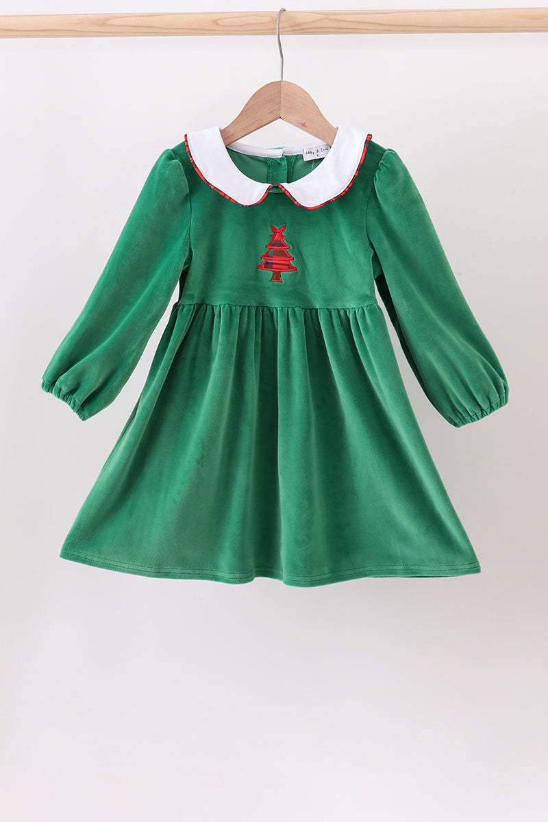 Green christmas tree applique velvet dress