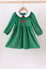 Green christmas tree applique velvet dress