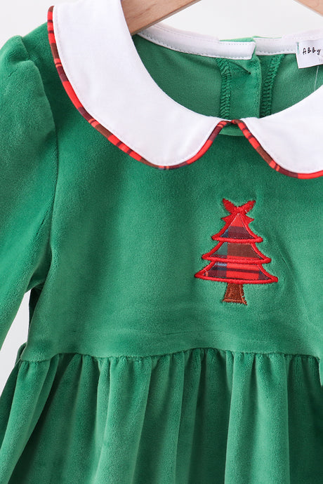 Green christmas tree applique velvet dress