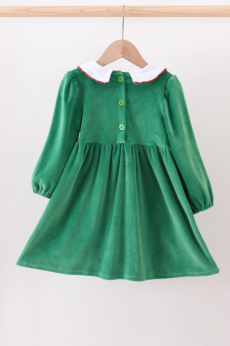 Green christmas tree applique velvet dress