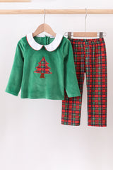 Green christmas tree applique pants set