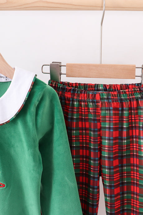 Green christmas tree applique pants set