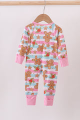 Pink christmas gingerbread bamboo pajamas zipper romper