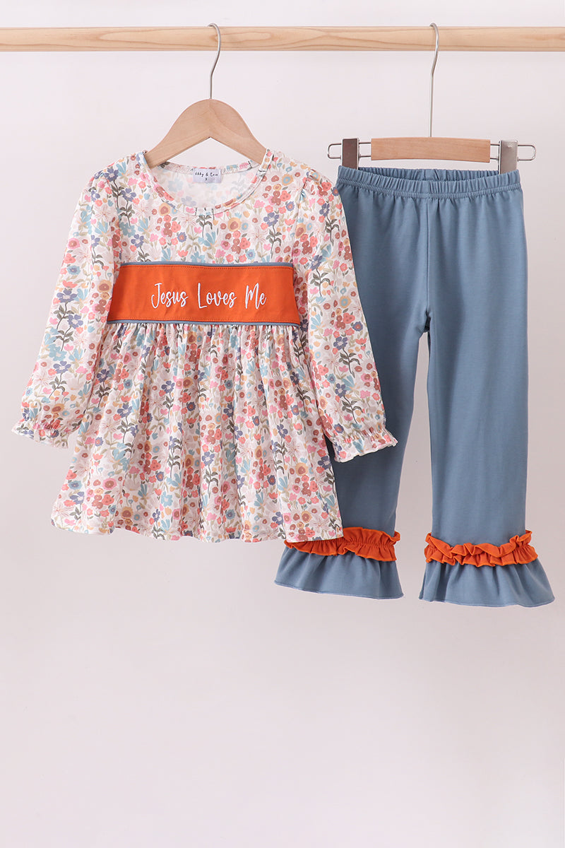 Jesus loves me embroidery floral print girl set