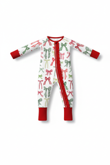 Red bow bamboo pajamas zipper romper