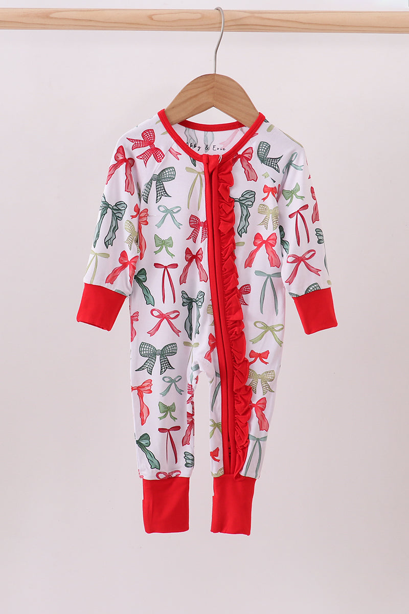 Red bow bamboo pajamas zipper romper