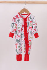 Red bow bamboo pajamas zipper romper