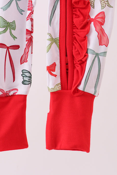 Red bow bamboo pajamas zipper romper