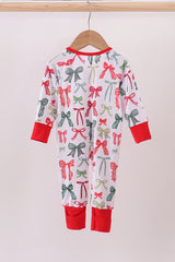 Red bow bamboo pajamas zipper romper