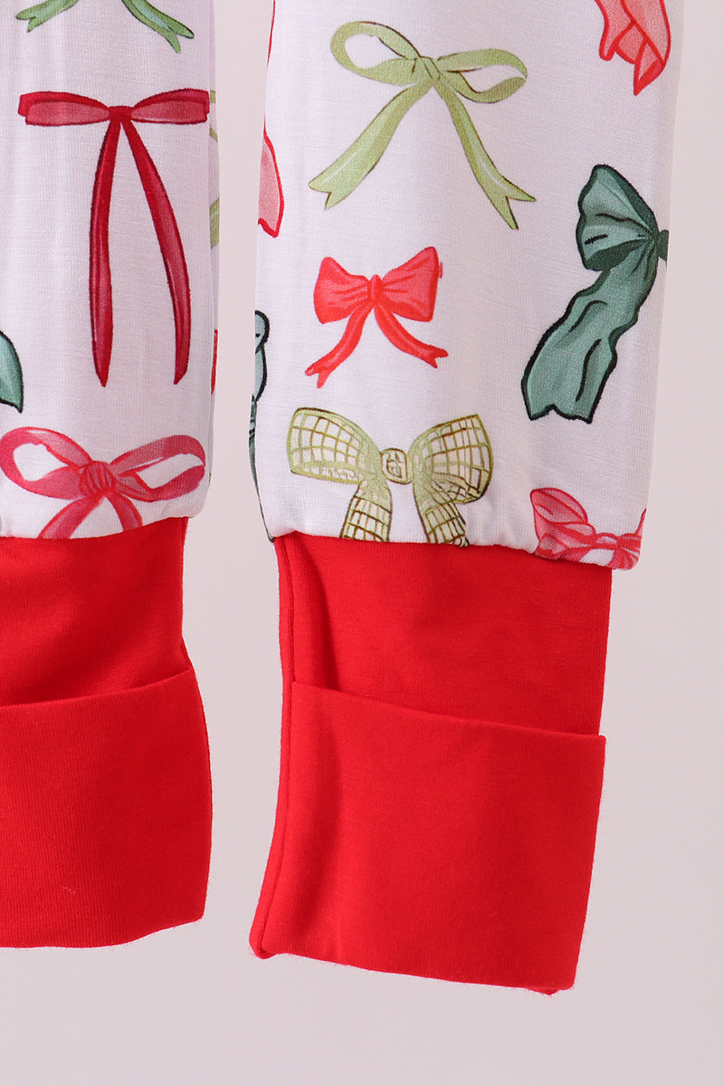 Red bow bamboo pajamas zipper romper