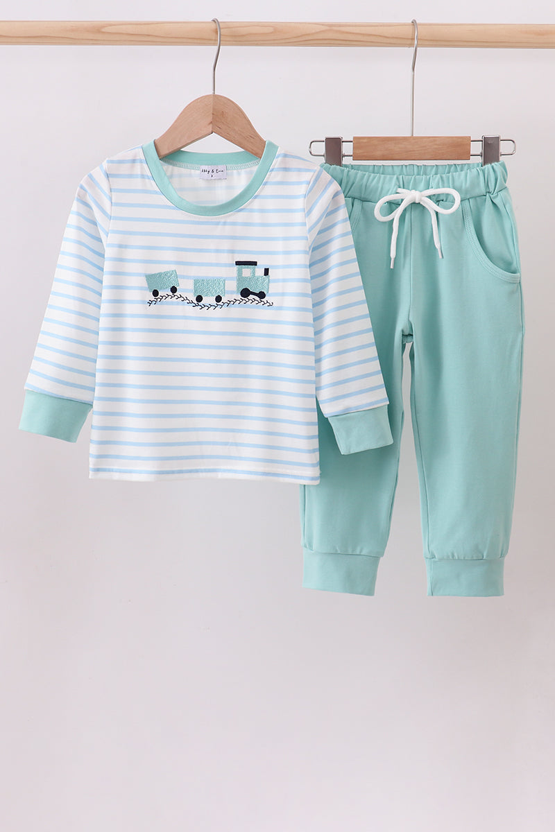 Green three trains embroidery stripe boy pants set