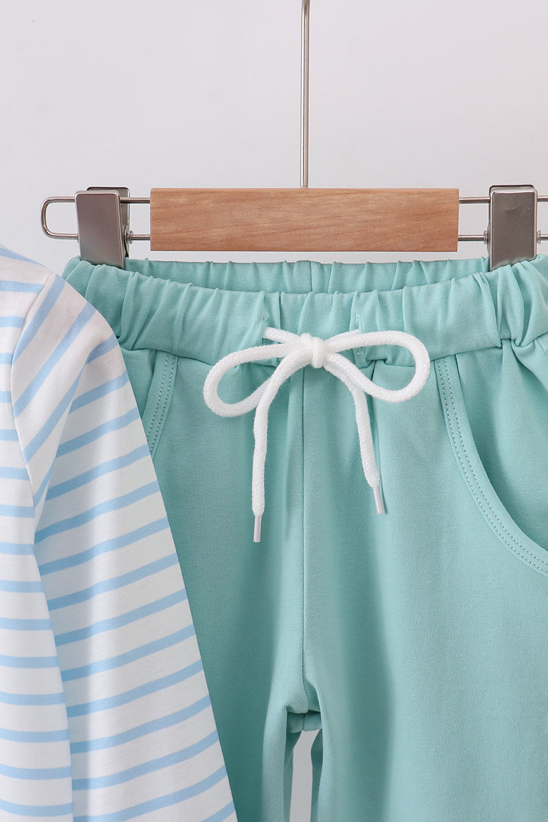 Green three trains embroidery stripe boy pants set