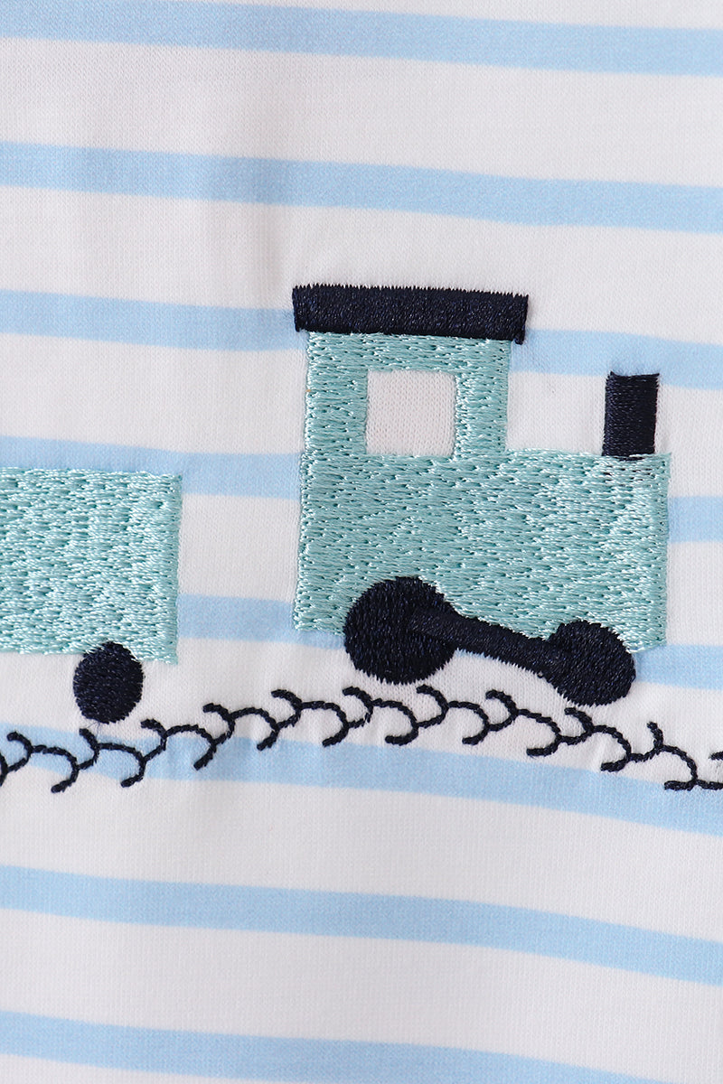 Green three trains embroidery stripe boy pants set