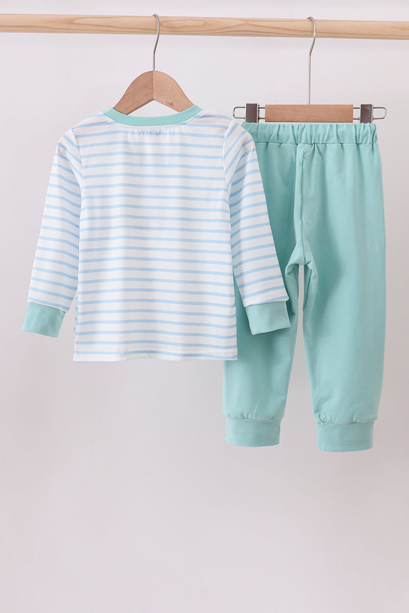 Green three trains embroidery stripe boy pants set