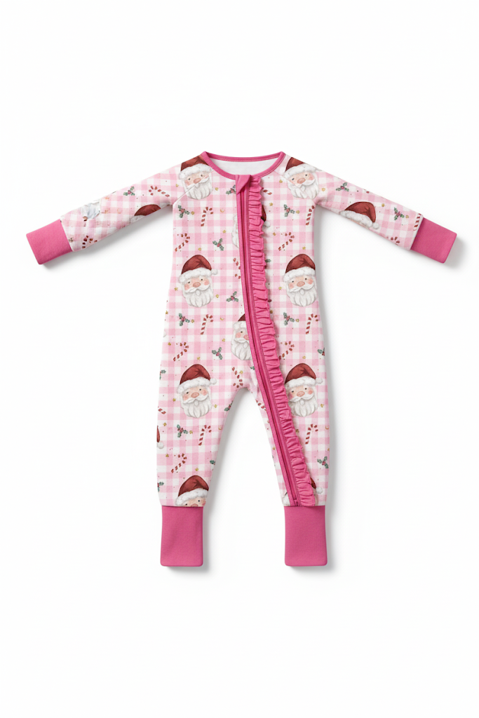Pink santa claus bamboo pajamas zipper romper