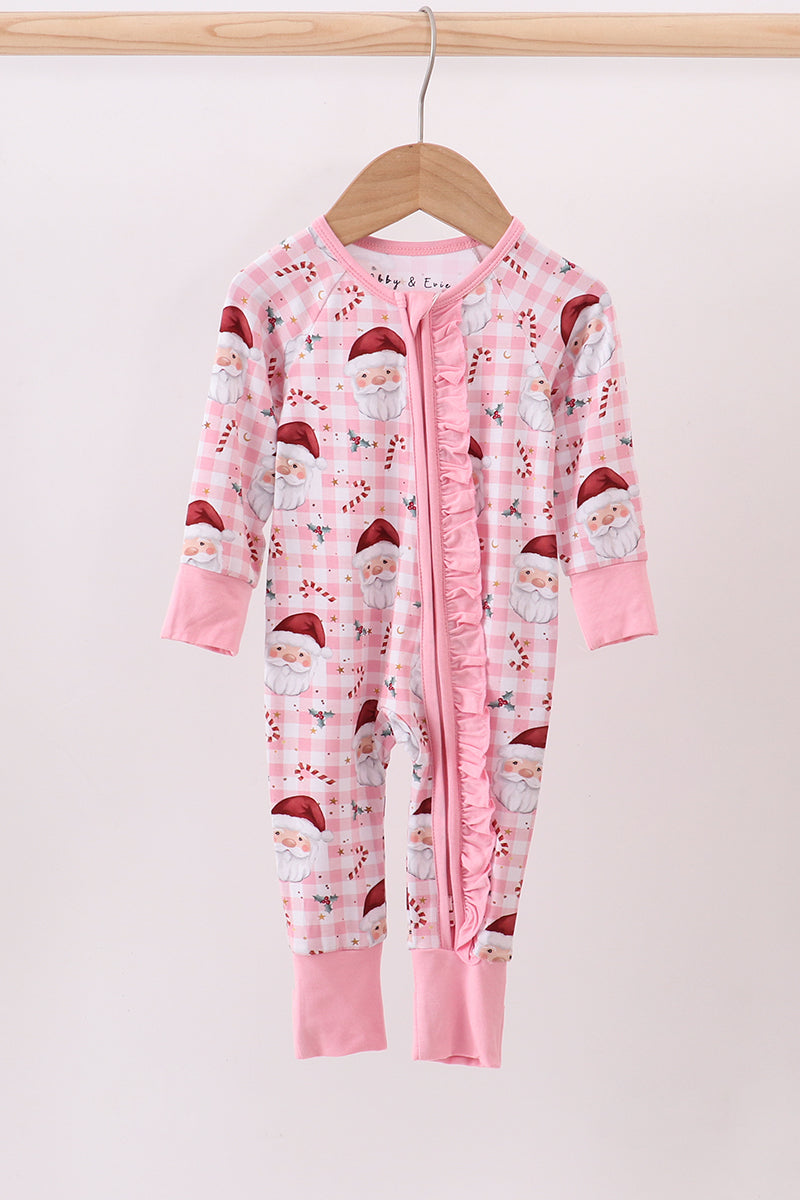 Pink santa claus bamboo pajamas zipper romper