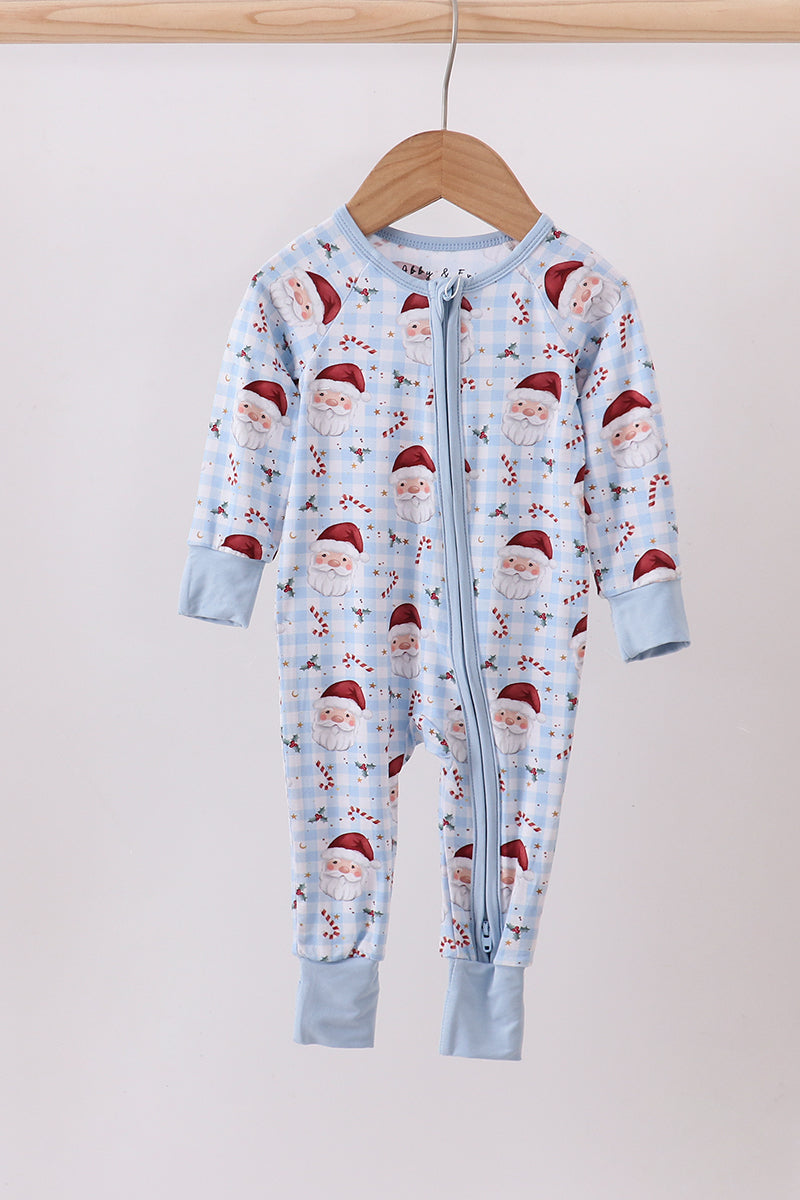 Blue santa claus bamboo pajamas zipper romper