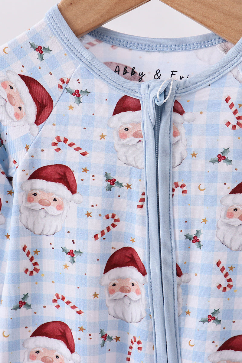 Blue santa claus bamboo pajamas zipper romper
