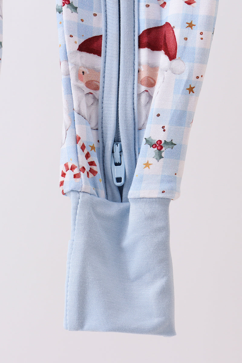 Blue santa claus bamboo pajamas zipper romper