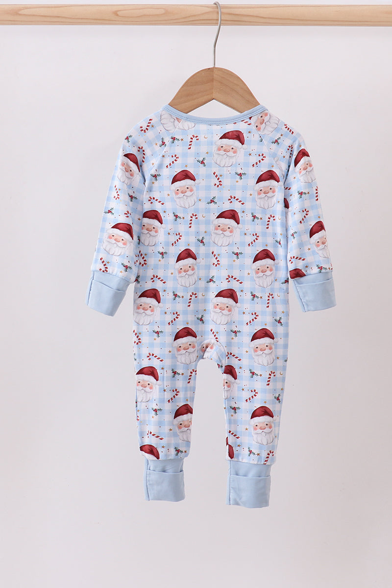 Blue santa claus bamboo pajamas zipper romper