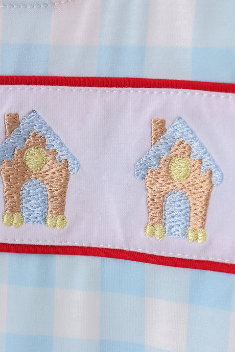 Blue gingerbread house embroidery gingham romper