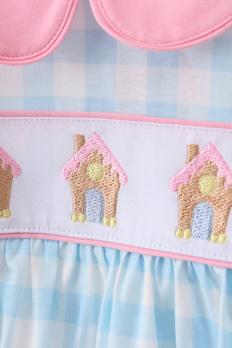 Blue gingerbread house embroidery gingham ruffle pants set