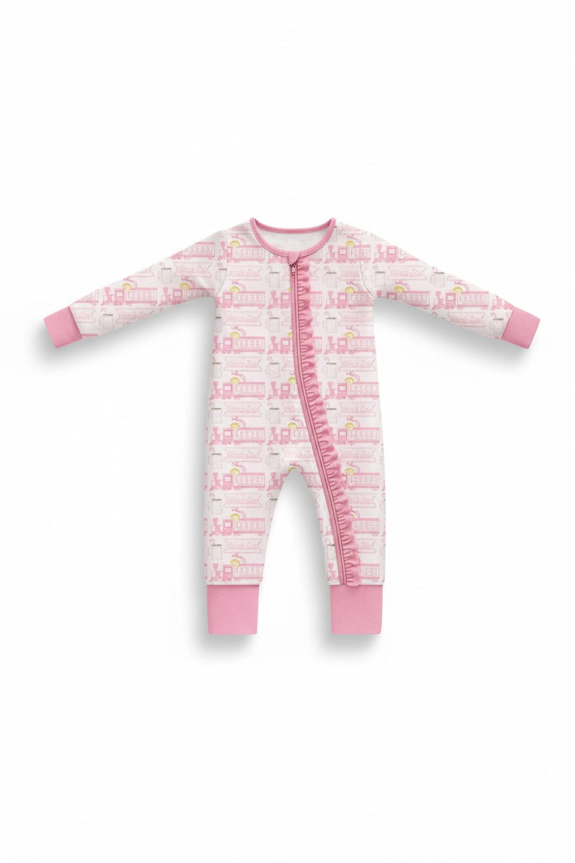 Pink train bamboo pajamas zipper romper
