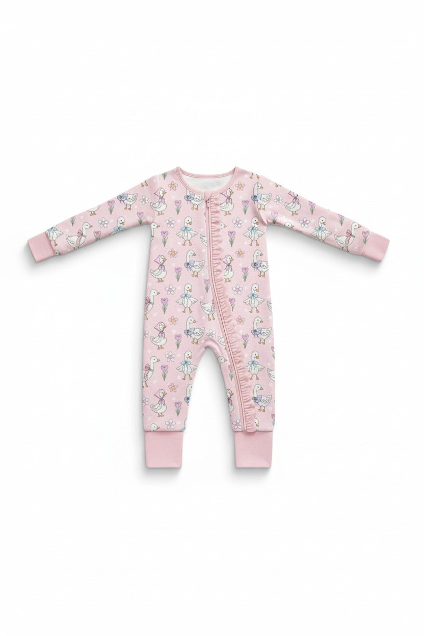 Pink floral bow duck bamboo ruffle zipper romper