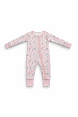 Pink floral bow duck bamboo ruffle zipper romper