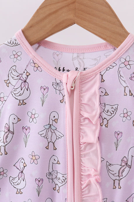 Pink floral bow duck bamboo ruffle zipper romper