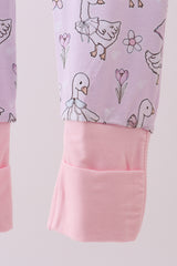 Pink floral bow duck bamboo ruffle zipper romper
