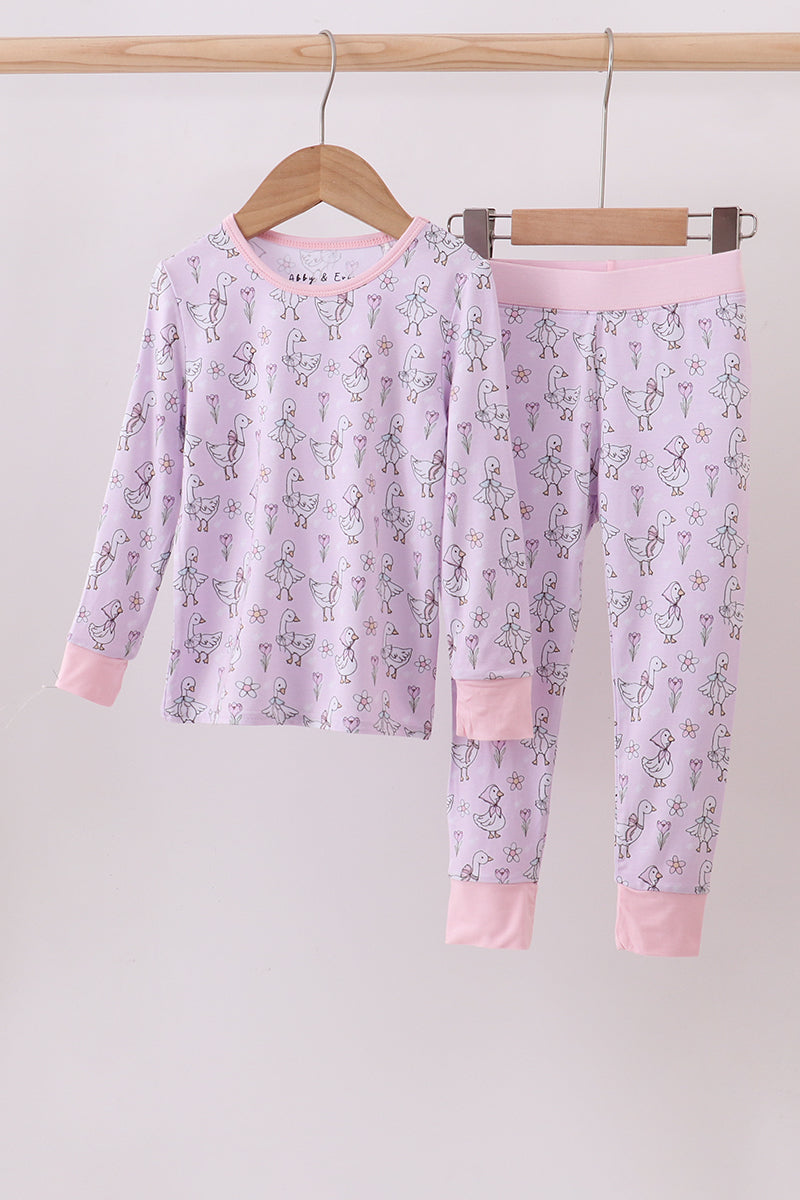 Pink floral bow duck bamboo pajamas set