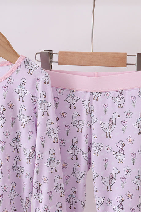 Pink floral bow duck bamboo pajamas set