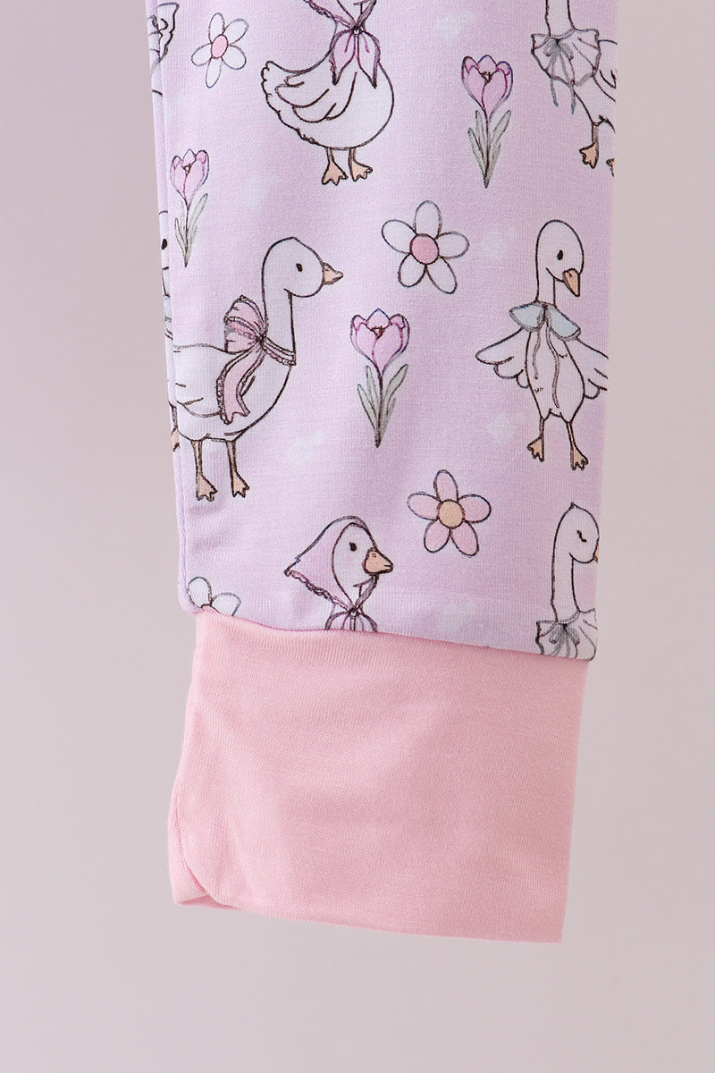 Pink floral bow duck bamboo pajamas set
