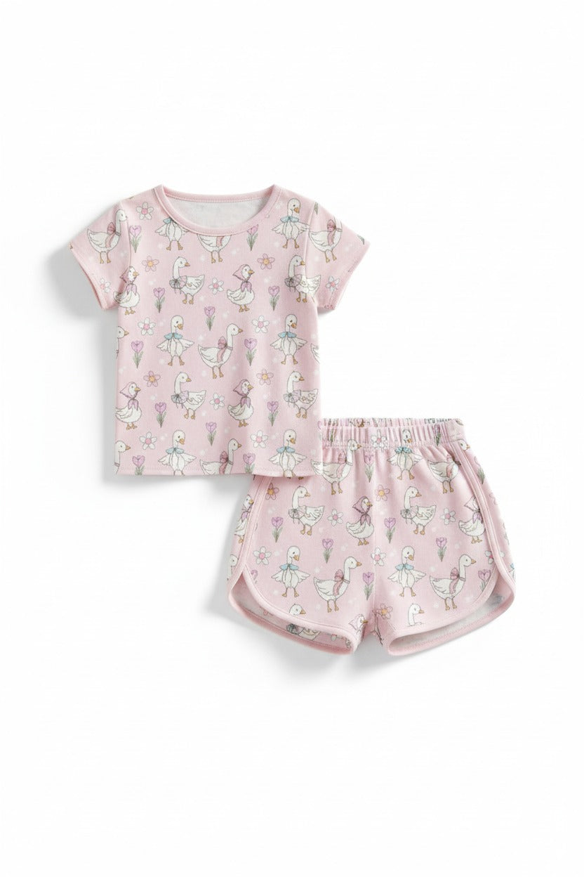 Pink floral bow duck bamboo pajamas shorts set