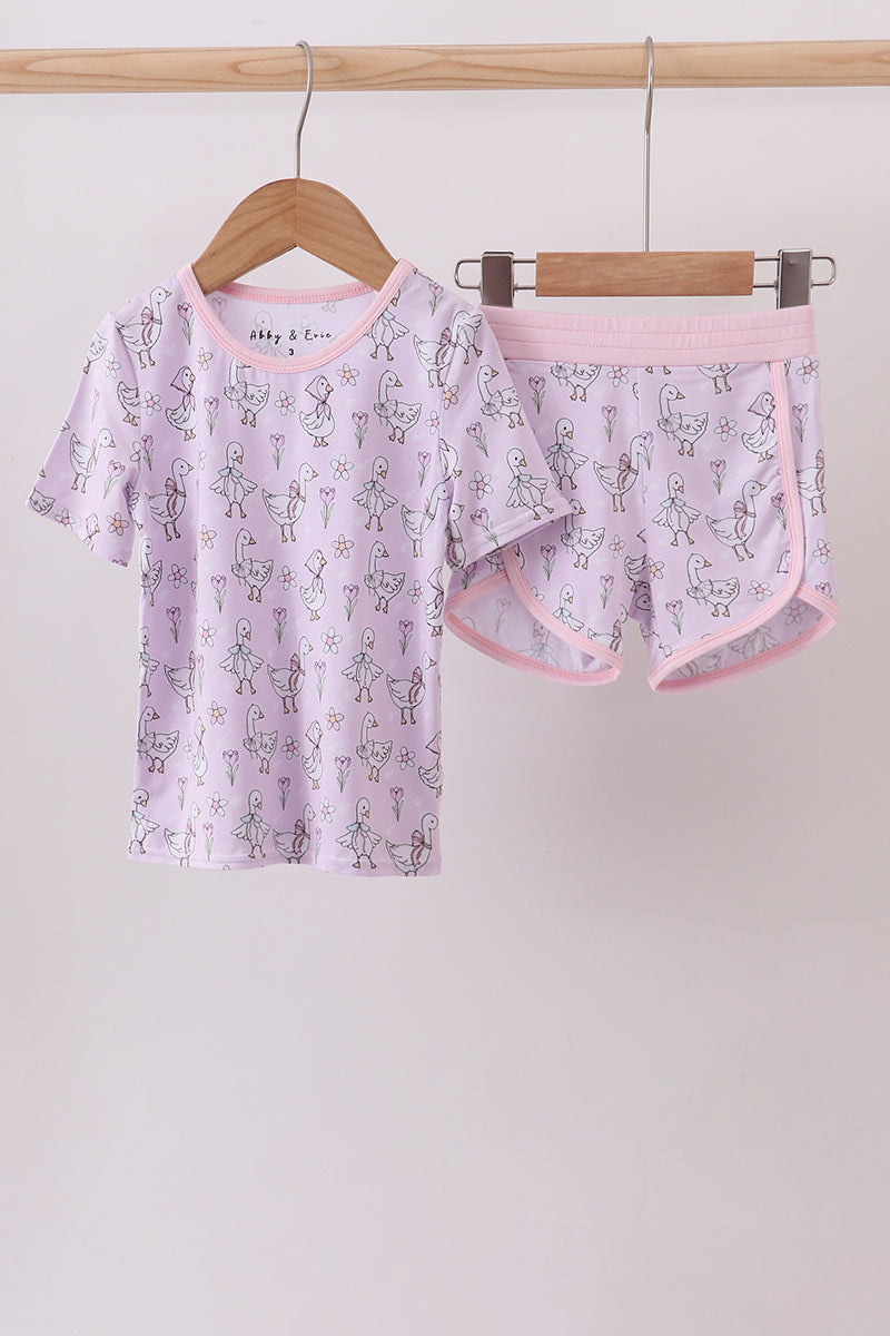Pink floral bow duck bamboo pajamas shorts set