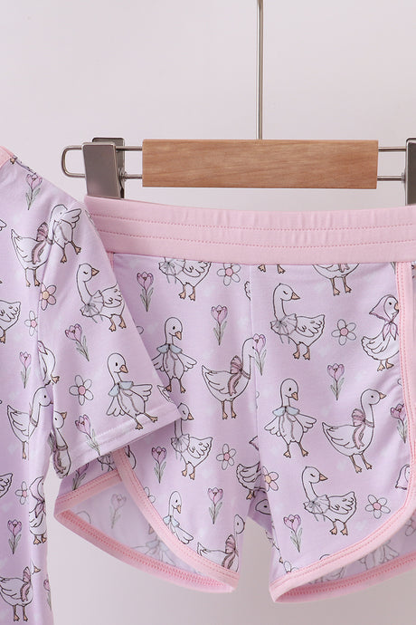 Pink floral bow duck bamboo pajamas shorts set
