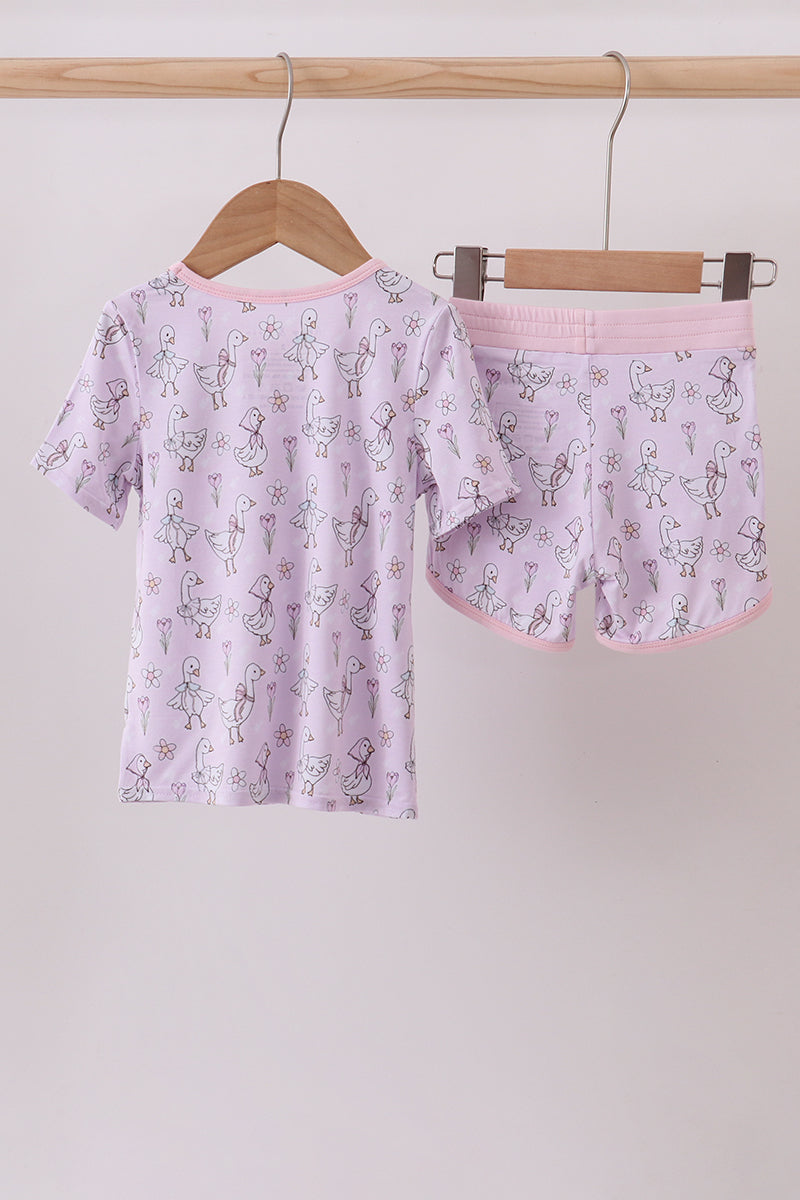 Pink floral bow duck bamboo pajamas shorts set