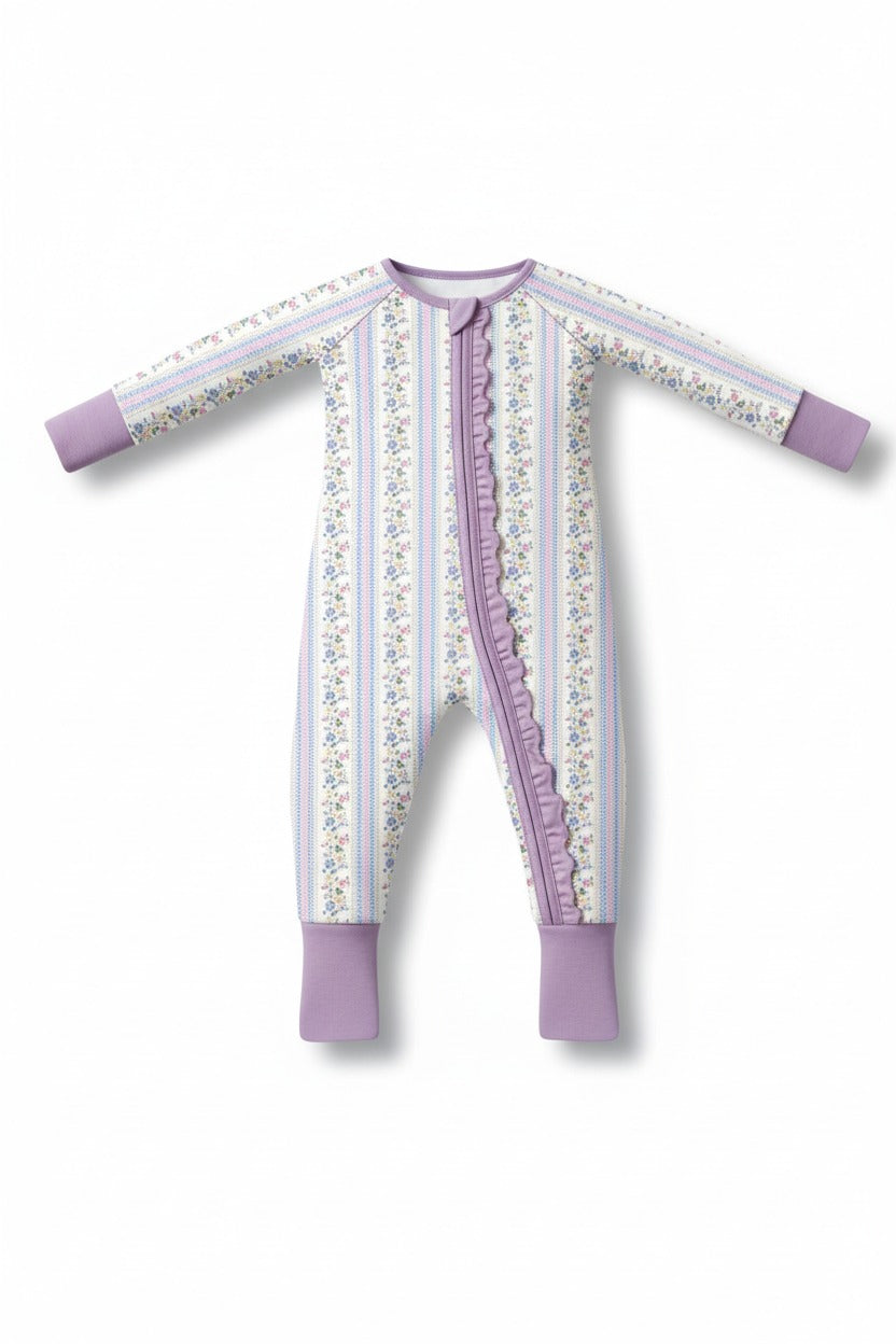 Lavender floral ruffle bamboo pajams zipper romper