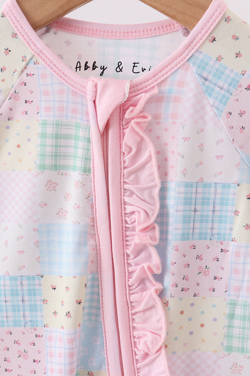 Pink floral checkered bamboo pajamas zipper romper